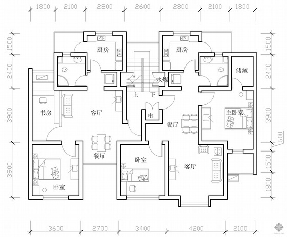 一户一厅户型资料下载-板式多层一梯二户二室一厅、二室二厅户型图(76/96)
