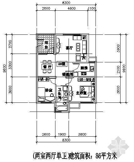 两室两厅两卫户型资料下载-两室两厅一厨两卫86平方米