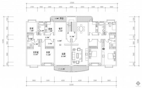 多层建筑一梯5户资料下载-板式多层一梯二户户型图(115/115)