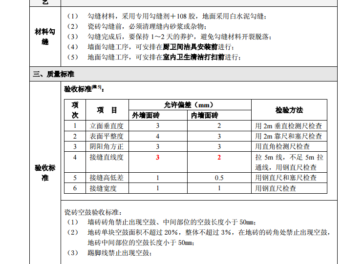 知名地产集团精装修工程质量技术标准-材料勾缝