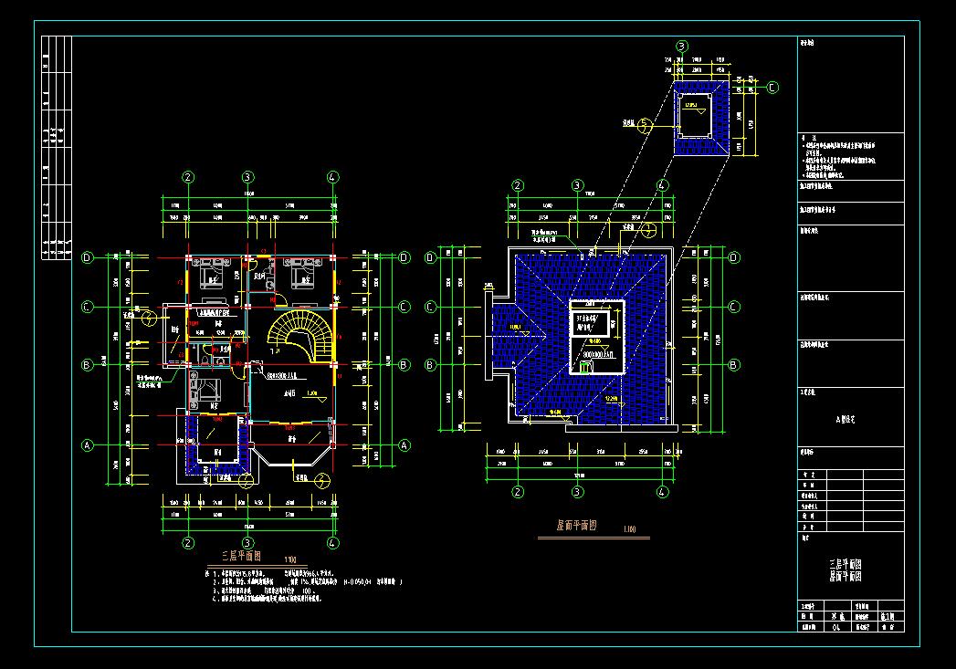 3层独栋别墅天蓝色波型瓦建筑设计(cad 效果图)