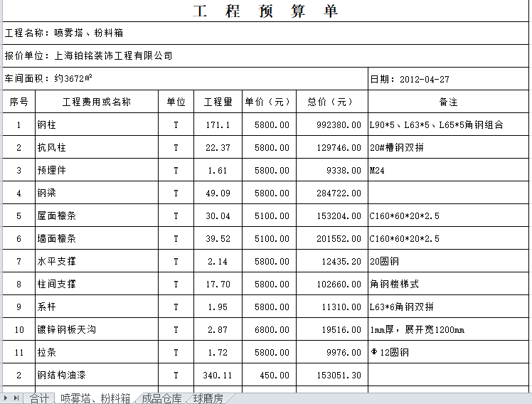 上海钢结构厂房结构图纸资料下载-钢结构厂房的价格预算书