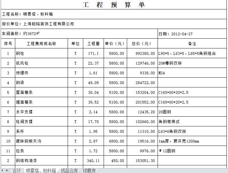 钢结构厂房消防工程预算书资料下载-钢结构厂房的价格预算书