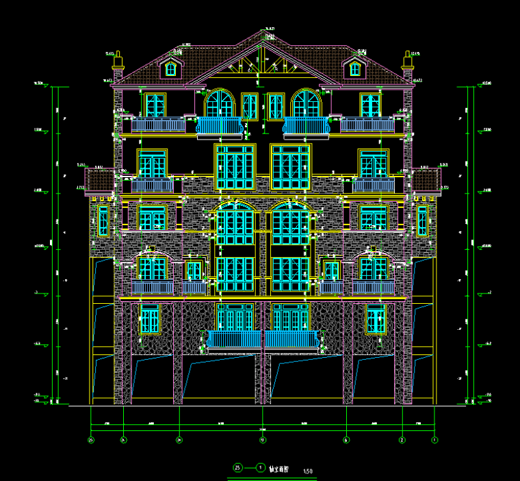 特色风格别墅建筑景观方案设计（包含效果图+CAD）-轴立面图