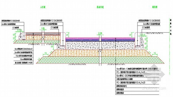 [福建]海堤段城市道路路面、互通提升改造工程方案设计90页附图纸（代工可）-路面结构加铺与人行道路面结构示意图