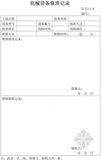 建筑工程施工管理体系表格汇总（100张表格）-机械设备修理记录 