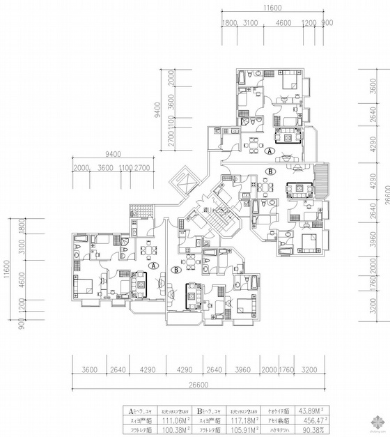 1室一厅一卫户型图资料下载-板式高层一梯两户二室一厅二卫户型图(114/114)