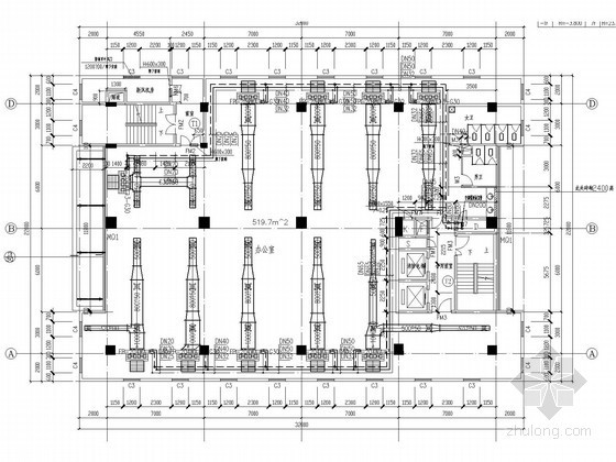 [吉林]电力大厦空调通风系统设计施工图-二层空调通风平面图 