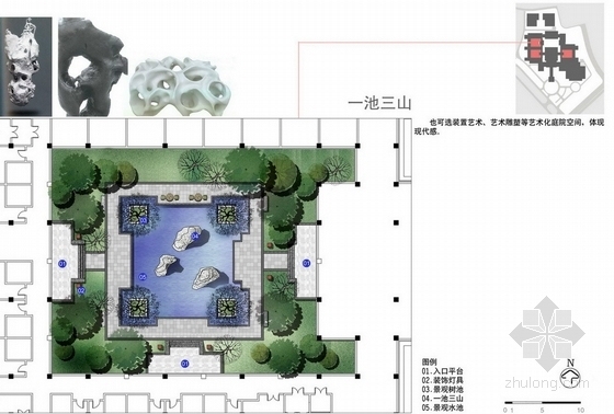 [天津]中式风格五星级酒店景观设计方案（著名事务所）-一池三山平面图