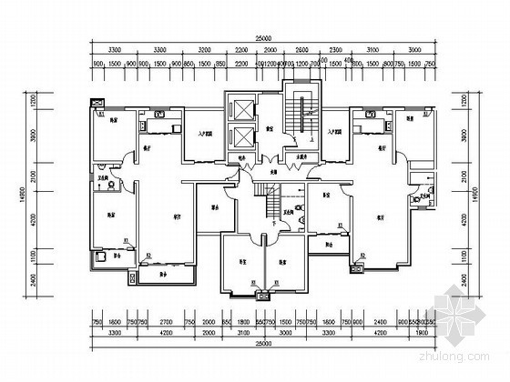 北梯入户单元平面图资料下载-小高层住宅一梯三户型平面图（带入户花园）