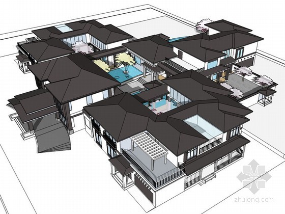 四合院会所建筑设计方案资料下载-中式四合院会所SketchUp模型