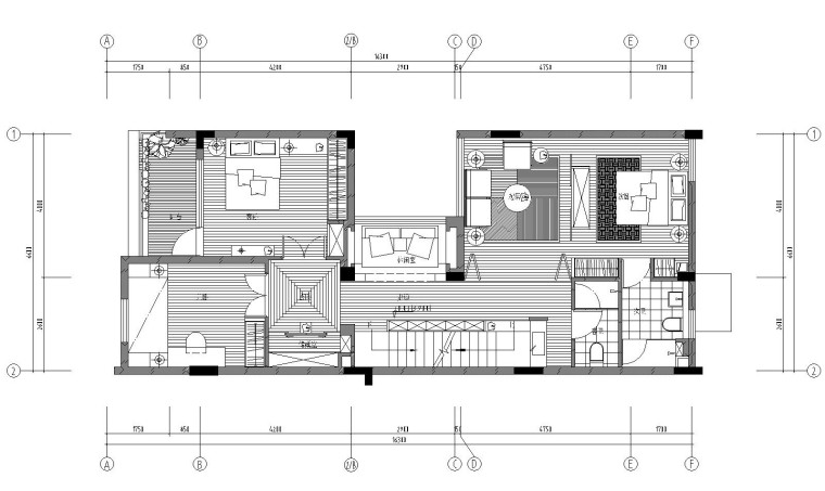 新中式三层独栋别墅内部装修施工图（附效果图）-二层平面布置图