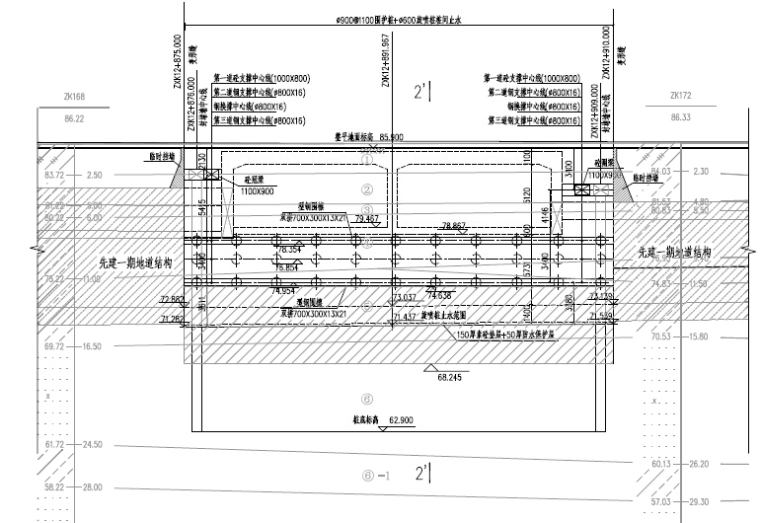 [河南]双向八车道单孔双孔矩形隧道地下道路及地下附属建筑设施设计图948张-支护结构纵剖面图