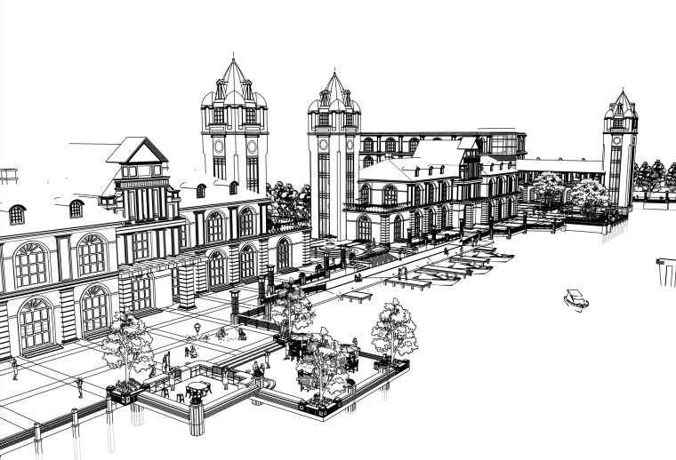 草图大师景观墙模型资料下载-滨湖商业街景观建筑设计SU模型