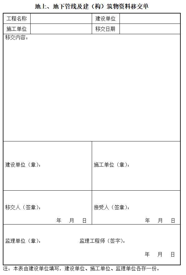 [山东]建筑施工现场监理安全管理资料表格（250页）-地上、地下管线及建（构）筑物资料移交单