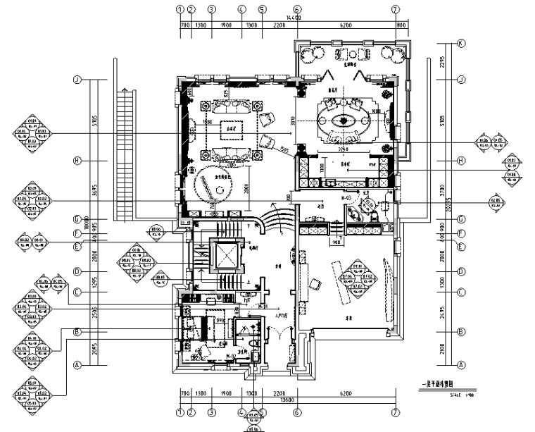 [广东]现代奢华风格别墅样板间设计施工图(附效果图+物料表）-一层平面布置图