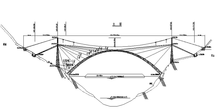 [重庆]长江大桥中承式钢管砼双肋拱桥施工技术-扣索斜拉扣定系统布置示意图