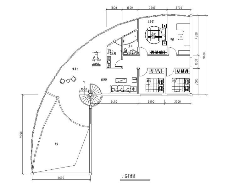 现代风格二层别墅建筑施工图设计-二层平面图