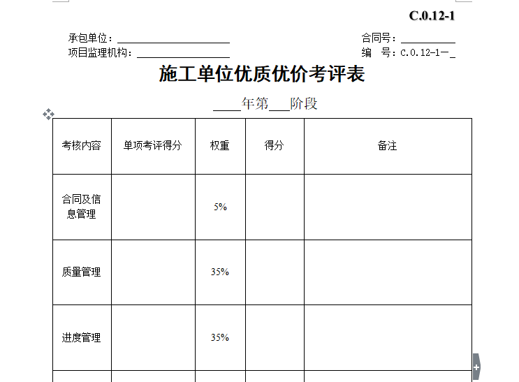 施工单位现场表格资料下载-施工单位优质优价考评表（副）