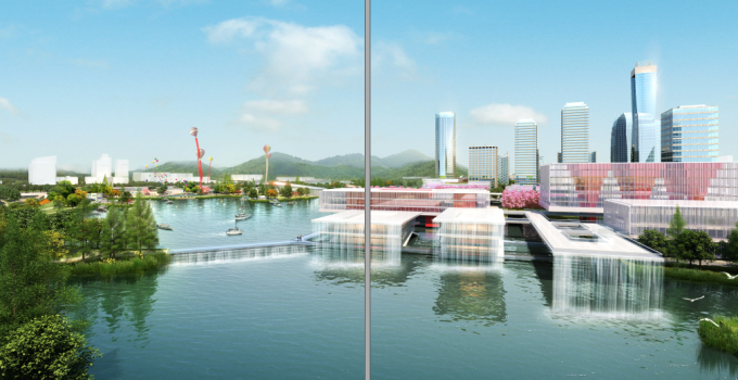 [江苏]滨江现代低碳示范区山水田园城市规划景观设计方案-滨水城市景观效果图
