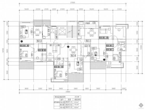 一梯三户电梯住宅户型图资料下载-板式高层一梯三户户型图(95/119/89)