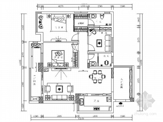 cad平面图三居室资料下载-[荆门]精致新中式风格三居室样板间CAD装修施工图（含效果）