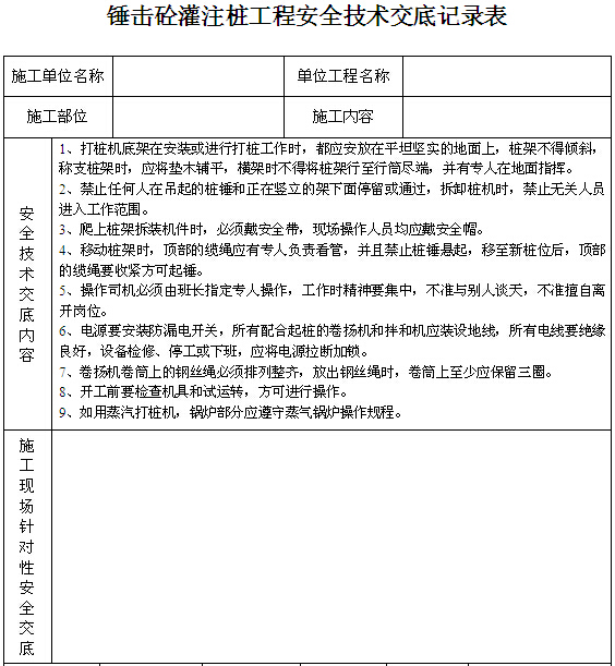 广州某灌注桩码头工程资料下载-锤击砼灌注桩工程安全技术交底记录表
