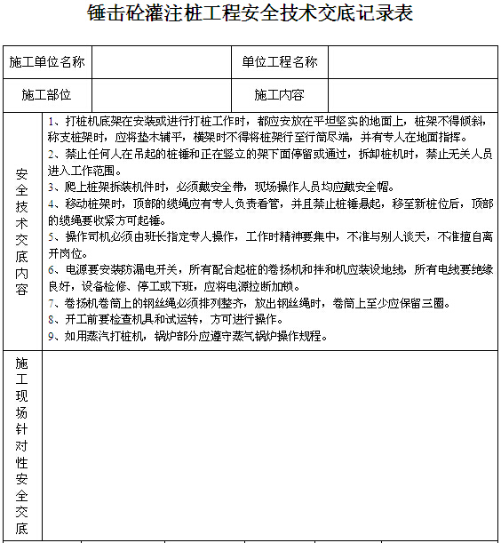 公司级安全教育培训记录资料下载-锤击砼灌注桩工程安全技术交底记录表