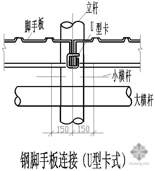 卡式龙骨节点吊顶节点资料下载-某钢脚手板连接（U型卡式）节点构造详图