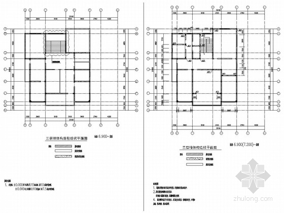 [上海]原别墅改建为地上三层砖砌体结构办公楼改造加固结构施工图-三层墙体构造柱平面图 