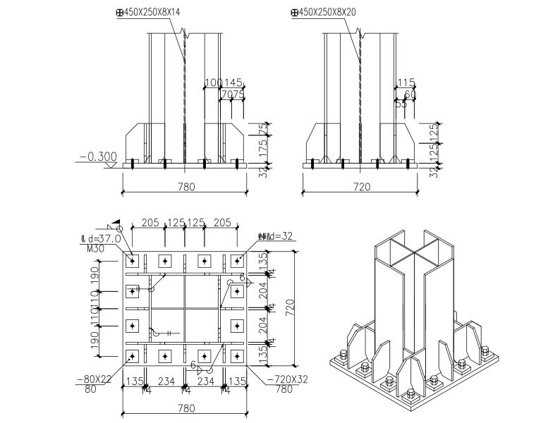 纵横桁架体系钢结构屋盖结构施工图（CAD、40张）-锚栓与柱脚详图