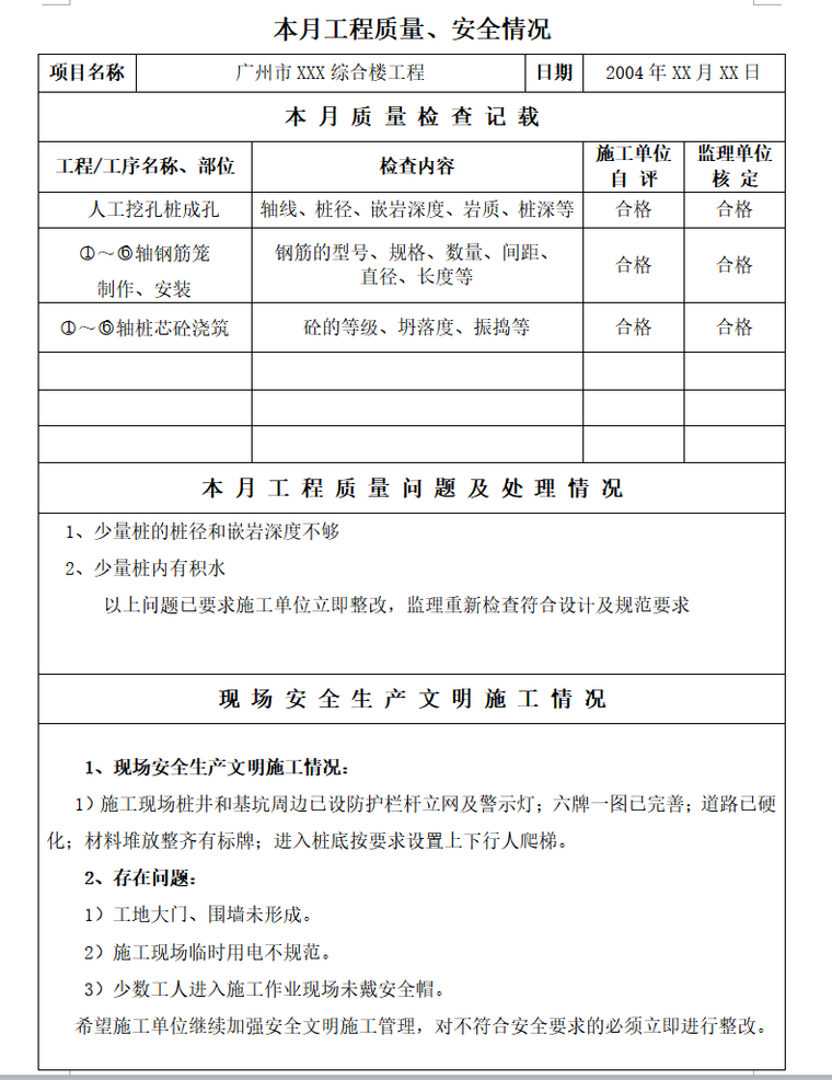 工程监理内业资料归档及表格填写范例（65页）-本月工程质量、安全情况