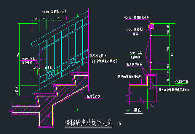 扶手CAD模型资料下载-楼梯踏步及扶手施工图大样
