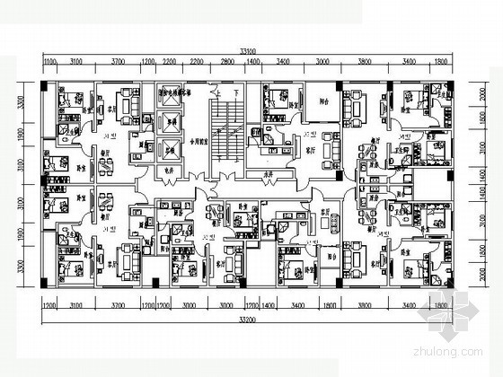 高层板式住宅户型平面图资料下载-高层住宅一梯七户型平面图（44-80平方米）