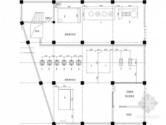 青岛综合建筑楼地板辐射采暖及中央空调系统-A-C座地下一层空调制冷换热机房设备平面图.jpg 