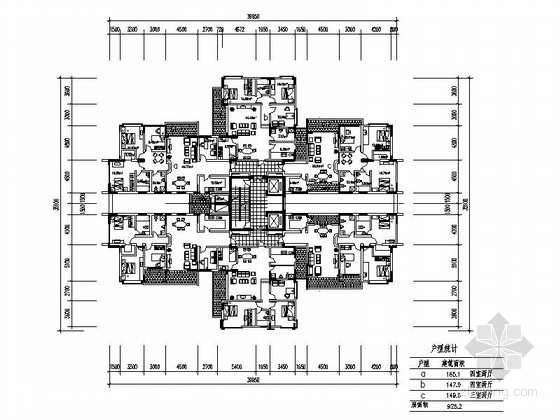 户型梯6户平面图资料下载-某高层住宅二梯六户型平面图（150、160平方米）