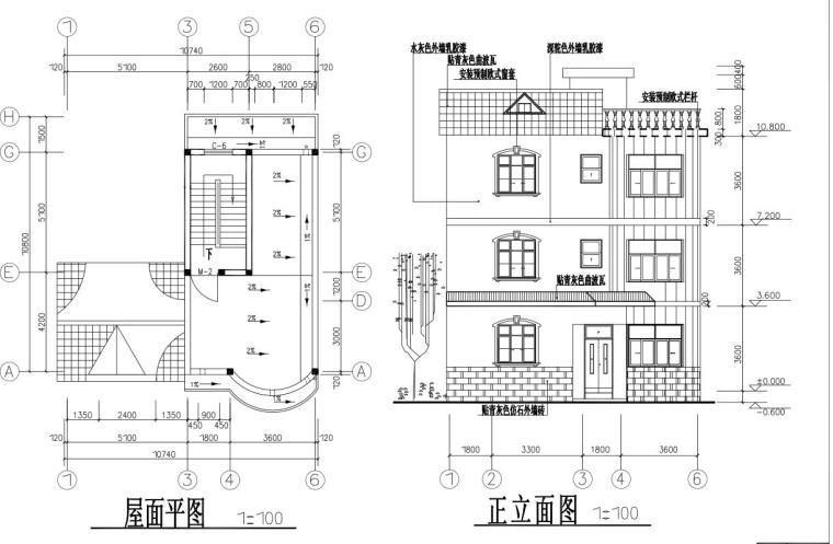 户型为3层新农村独栋别墅建筑方案设计（包含CAD）-正立面图