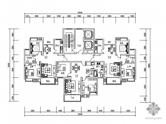四梯12户房户型资料下载-塔式高层一梯三北梯户型图（86/90/87）