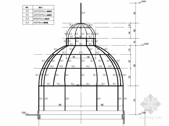 广场钢结构穹顶结构施工图-钢结构侧视图 