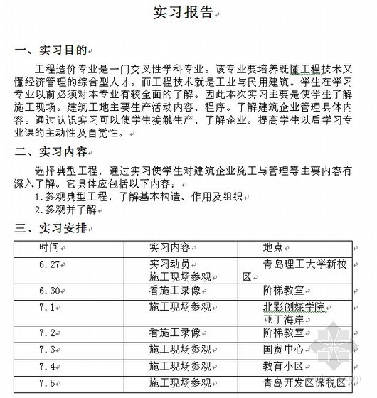 工程造价生产实习资料下载-工程造价参观实习报告