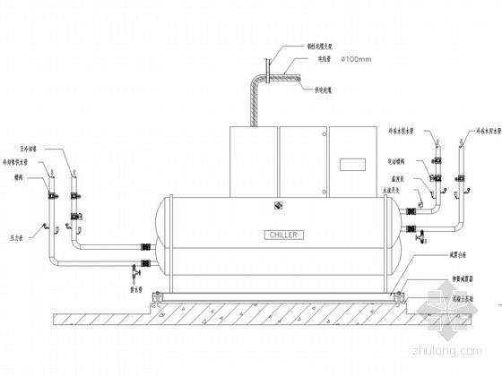 [苏州]大型购物中心暖通空调全套施工图纸150张(空调自控冷热源机房大样图丰富)-冷水机组安装示意图 
