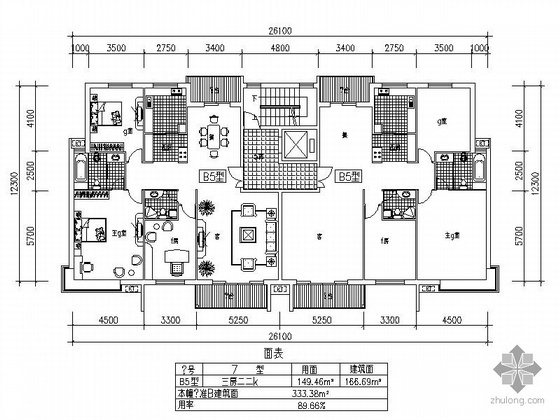 高层一梯两户CAD资料下载-小高层一梯两户三室两厅方案图（167/167）