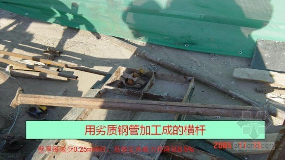 建筑工程安全文明施工技术培训讲义(94页 附图较多)-劣质钢管加工成的横管 