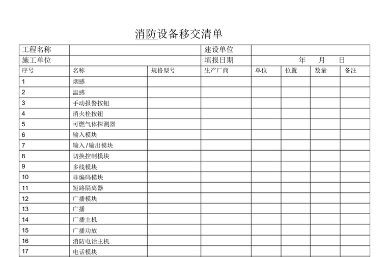 设备设施验收清单资料下载-消防设备设施移交清单