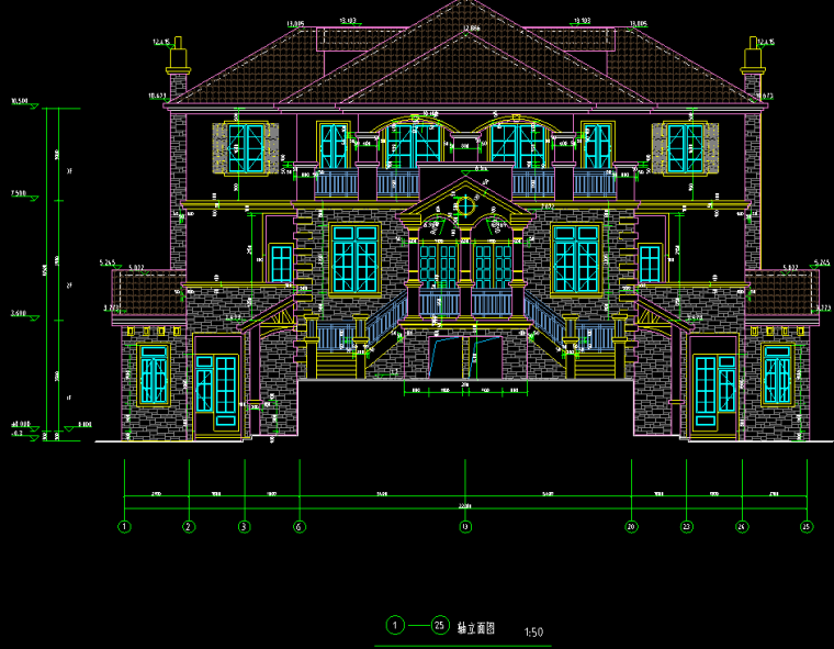 特色风格别墅建筑景观方案设计（包含效果图+CAD）-轴立面图1