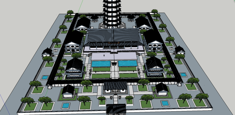园林喷泉su模型资料下载-寺庙园林建筑模型（SU模型）