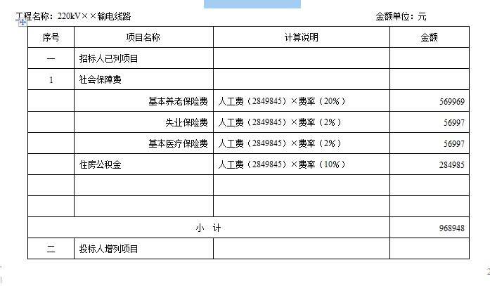 输电线路工程预算实例-规费项目清单计价表