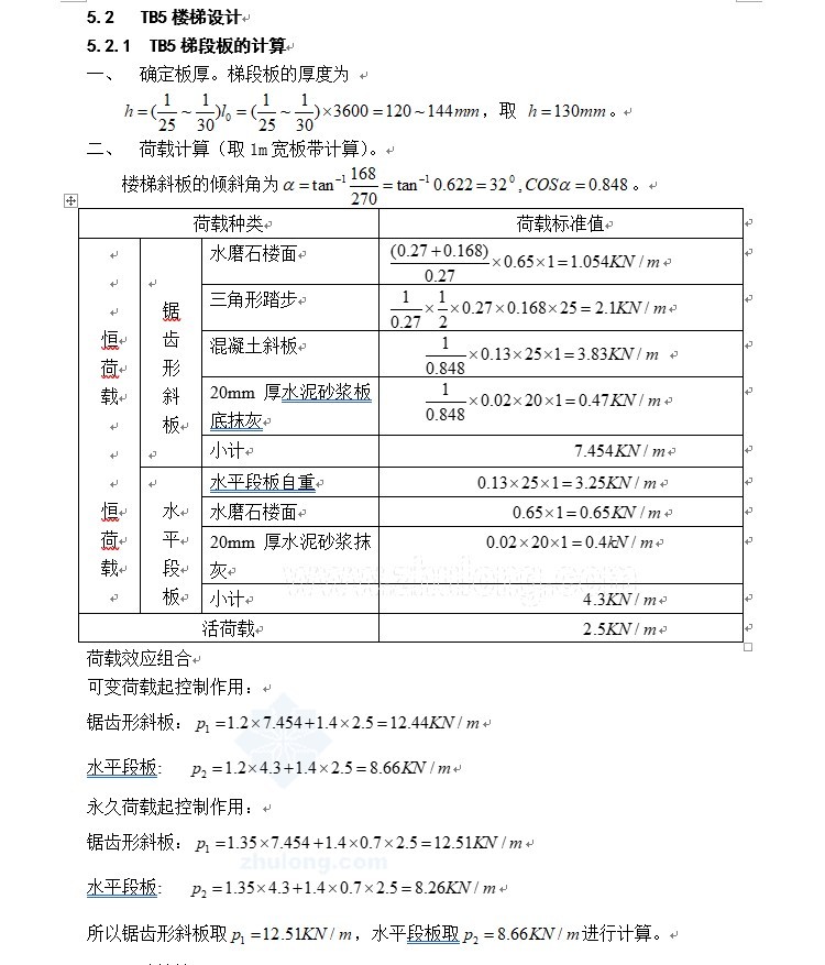 行政办公楼毕业设计（含计算书、建筑结构图、施工组织）-5、TB5梯段板的计算