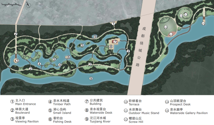 [四川]绿色城市生态滨水中心河道两岸景观规划设计方案-水上森林总平面图