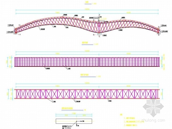[山东]桥长120m钢桁架结构海鸥形拱桥设计图纸55张-上部结构总体布置图 